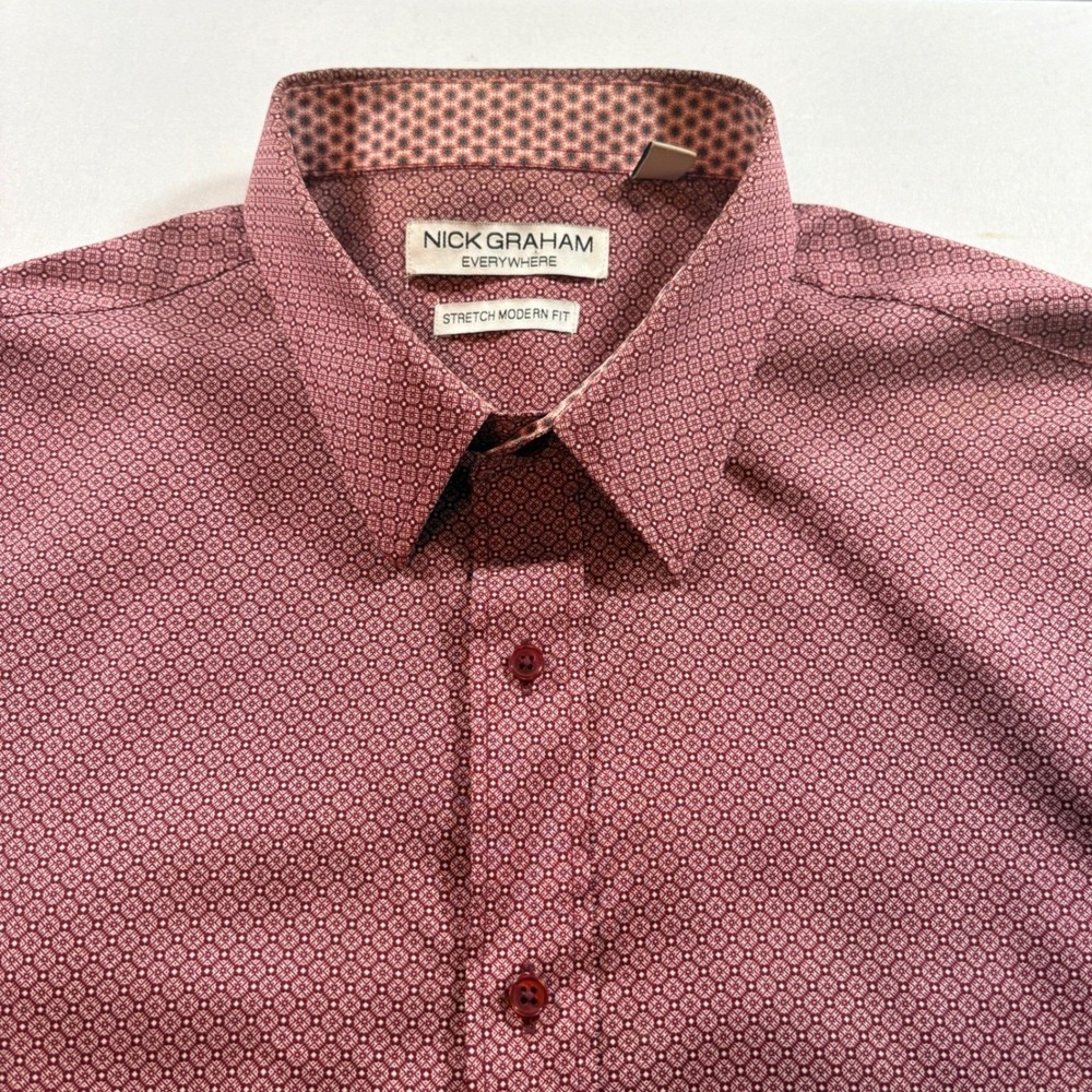 Nick Graham Everywhere Shirt Mens 2XL Burgundy Geometric Stretch Modern Fit LS